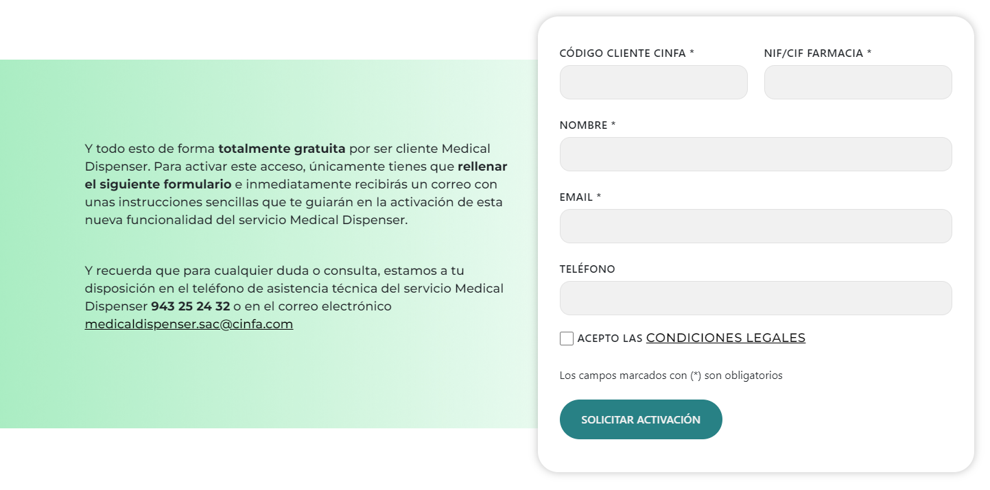 Formulario de activación de clientes de CINFA